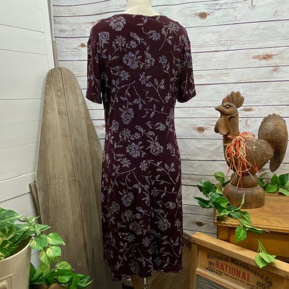 Michael Carrie Short Sleeve Glitter Roses Dress Small Stretchy Wine Purple - Picture 6 of 10